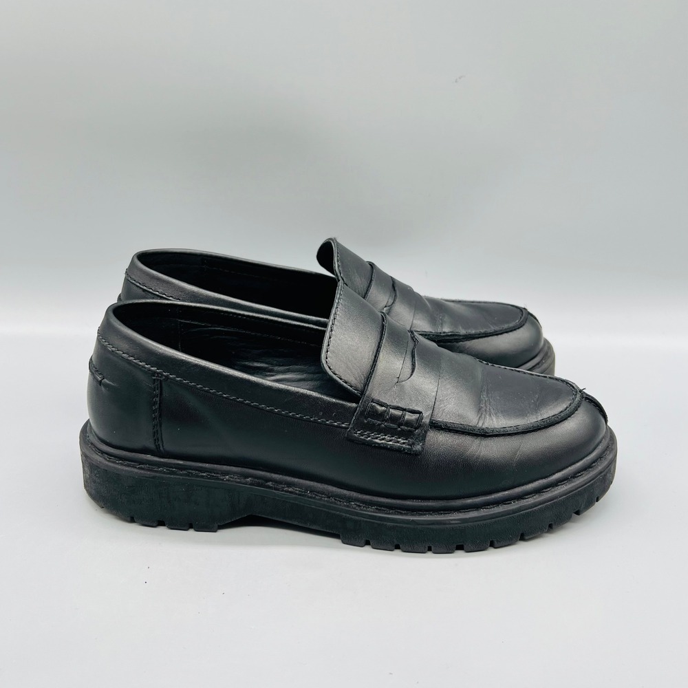 Geox Shoes Women 8 Black Leather Penny Loafers Split Toe Chunky Lug Sole Slip On
